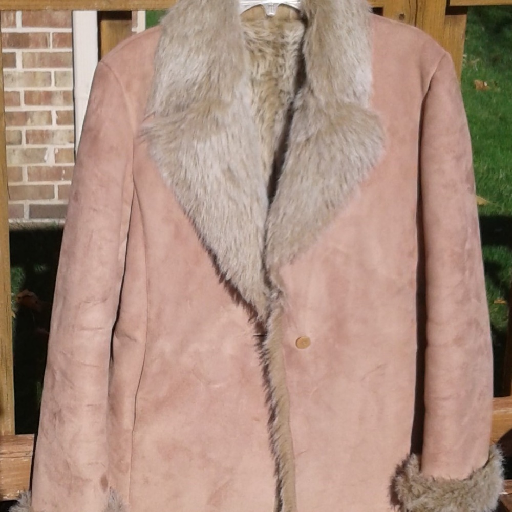 Anne Klein faux sherling suede coat, tan/beige